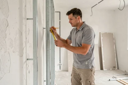 Ouvrier mesurant une cloison demi-hauteur en cours de pose dans un logement neuf non fini